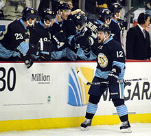 Brett Sterling's 1st goal as a Penguin in his debut with the team. Brett Sterling 2011-02-10.JPG