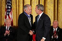 Edward Brooke, Chairman emeritus of the World Policy Council, is congratulated by President George W. Bush at the Ceremony for the 2004 Recipients of the Presidential Medal of Freedom, The East Room of the White House. Bush presents Medal of Freedom to Edward William Brooke.jpg