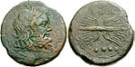 Zeus' head and thunderbolt on a coin from Capua, Campania, 216-211 BC. Capua AE Quadrunx 670058.jpg