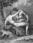 Public sex between a nymph and Satyr. A sketch of Agostino Carracci.