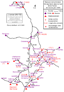 Barevná mapa trasy 2. tankové divize SS „Das Reich“ v květnu a červnu 1944