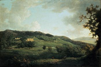 In einer weiten Landschaft von Wiesen und Wäldern, Chatsworth, wie es im 18. Jahrhundert erschien