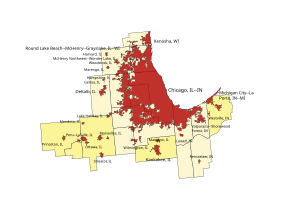 Urban areas contained within the Chicago combined statistical area as of the 2020 census:
Urban areas
Counties in the Chicago MSA
Counties in the Chicago CSA but not the MSA Chicago metro area urban areas 2020.svg