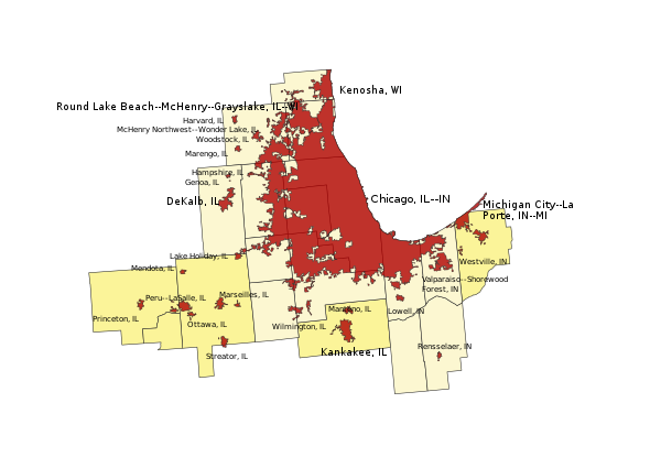 Urban areas contained within the Chicago combined statistical area as of the 2020 census:   Urban areas   Counties in the Chicago MSA   Counties in the Chicago CSA but not the MSA