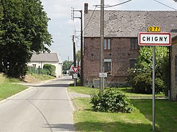 Chigny (Aisne) city limit sign.JPG