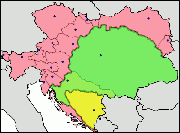The division between lands to be administered from Vienna (deep pink) and lands to be administered from Budapest (blue) under the 1867 dual monarchy Ausgleich agreement. From 1878, Bosnia-Herzegovina (green) was jointly administered.