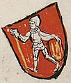 Coat of arms of Trakai Voivodeship with standing warrior and the Columns of Gediminas from the Codex Bergshammar, dating to ~1435.