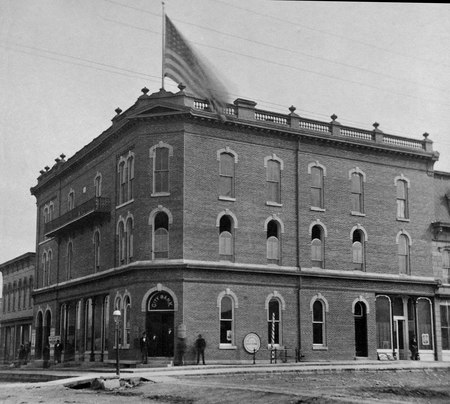 Coldren Opera House at Clinton and College streets c. 1875. The auditorium occupied both second and third levels. Coldren Opera House c1875.tif