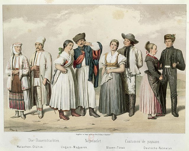 Costumes of inhabitants of the Kingdom of Hungary in 1855: ethnic Romanian, Hungarian (Magyar), Slovak and German peasants