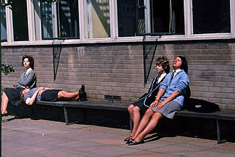 Girls at Cranhill Secondary School, Glasgow, 1967. The increased opportunities for girls in secondary education was a major feature of the twentieth century Cranhill Secondary School, Glasgow, 1967 - Flickr - PhillipC.jpg