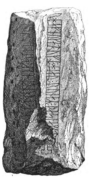 The Læborg stone, likely commemorating Queen Thyra, and depicting two Thor's hammers