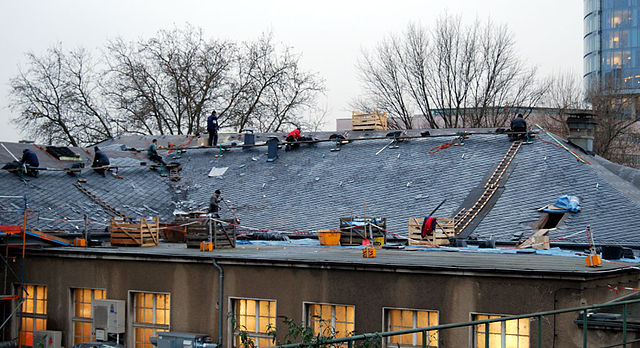 Roof of the station building with the installation of new slate (2008)