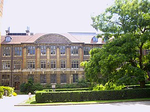 View of the Department of Plant Sciences, University of Cambridge, with a tree in full leaf obscuring the right side of the building, with lawns to the front of the building