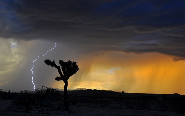 A powerful High Desert summer storm sweeps rapidly across the Mojave Desert.