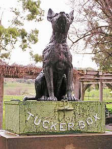 Statue of the Dog on the Tuckerbox at Snake Gully, five miles from Gundagai. The statue was unveiled by the then Prime Minister Joseph Lyons in 1932 as a tribute to pioneers.