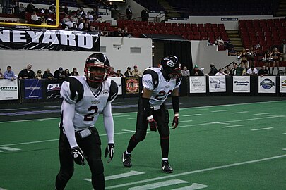 Dontrell Jackson and J.R. Taylor of the Chicago Slaughter lining up for the snap against the Milwaukee Bonecrushers Dontrell Jackson and JR Taylor.jpg