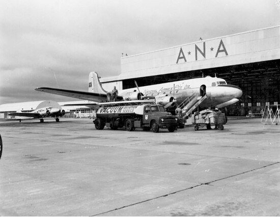 An Australian National Airways Douglas DC-4 refuelling at Perth Airport in 1955.