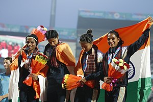 Dutee Chand, Srabani Nanda, Himashree Roy And Merlin Joseph in 22nd Asian Athletics Championships Dutee Chand, Srabani Nanda, Himashree Roy And Merlin Joseph Of India(Bronze Winners).jpg