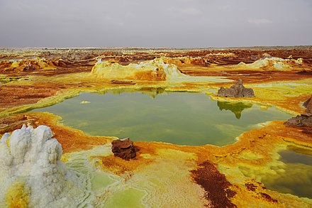 Acid pools and deposits of salt, sulphur and other minerals at Dallol