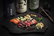 A plate of nigiri-zushi East West sushi 01.jpg