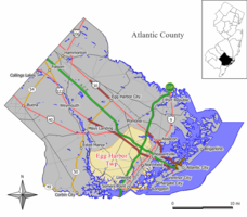 Carte du canton d'Egg Harbor dans le comté d'Atlantic.  Encart : Emplacement du comté d'Atlantic mis en évidence dans l'État du New Jersey.