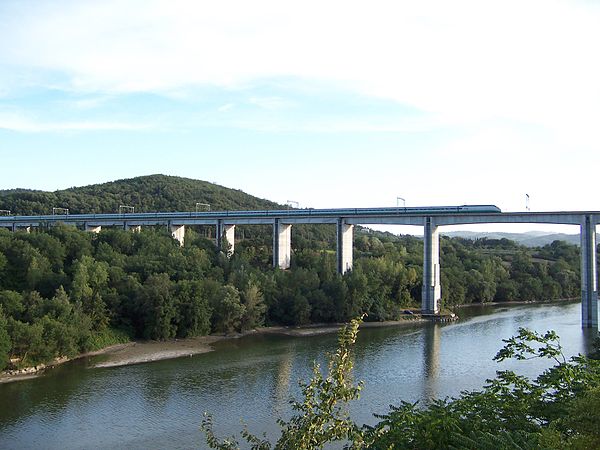 A ETR 500 train running on the Florence–Rome high-speed line near Arezzo, the first high-speed railway opened in Europe.