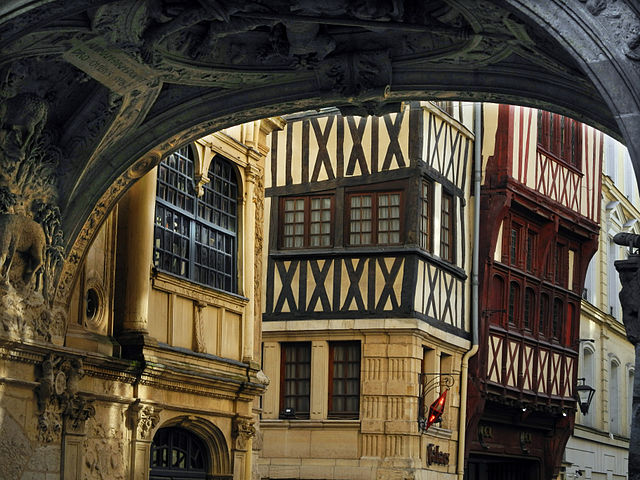 Rue du Gros-Horloge in Rouen, France, a city renowned for its half-timbered buildings