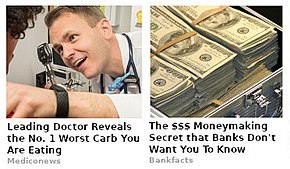 Fictional examples of clickbait chumbox adverts Example clickbait adverts (cropped).jpg