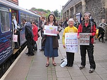Friends of Suburban Bristol Railways is one of the main campaign groups supporting the line. Here they stage a demonstration in 2010 at Clifton Down, calling for an improved service. FOSBR at Clifton Down 1.jpg