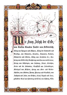 First page of the February Patent of 1861 with the grand title of the emperor FebruarPatent.jpg