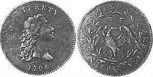 A pattern for the Flowing Hair dollar, struck in copper without the obverse stars of the circulating issues FlowingHairDollarPattern.JPG