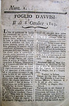 First edition of the Foglio d'Avvisi, dated 8 October 1803 Foglio-d'Avvisi.jpg