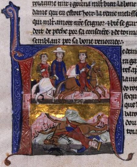 The death of Fulk, as depicted in MS of William of Tyre's Historia and Old French Continuation, painted in Acre, 13C. Bib. Nat. Française.