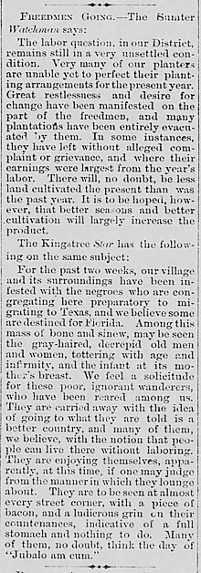 "Freedmen Going": The Daily Phoenix of January 20, 1867, reprinted news items from Sumter and Kingstree about the "unsettled" labor situation in the region Freedmen Going.jpg