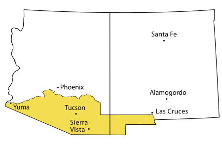 Southern Arizona is the area of Arizona south of the Gila River, roughly corresponding to the area from the 1854 Gadsden Purchase (shown on the map in yellow with present-day state boundaries and cities) Gadsden Purchase Cities.svg