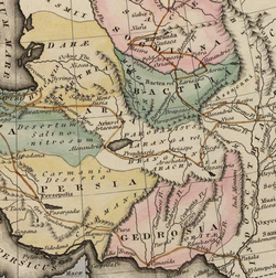 Peta yang menunjukkan rute Aleksander Agung melintasi Gedrosia