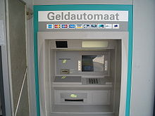 An ATM in the Netherlands. The logos of a number of interbank networks to which it is connected are shown. PIN card logo are not placed, although this system was in use here at the time. Geldautomaat.jpg