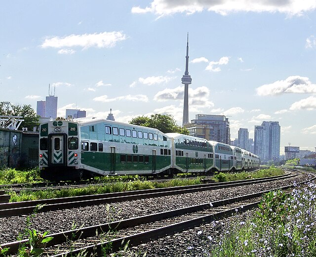 A typical GO Transit train with Bombardier BiLevel Coaches
