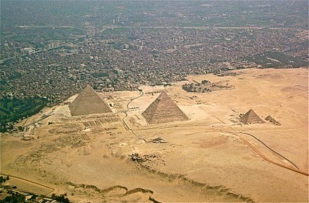 The Egyptian pyramids of the Giza necropolis, as seen from the air. Built circa 2600 BC.