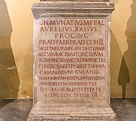 Tomb inscription for Gnaeus Munatius Aurelius Bassus, mentioning Camulodunum in its ninth line. Vatican Museum, Rome.