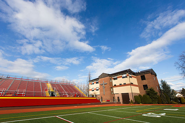 Chaminade's new Marianist Cross, Physical Fitness Center, and Gold Star Stadium from Ott Field