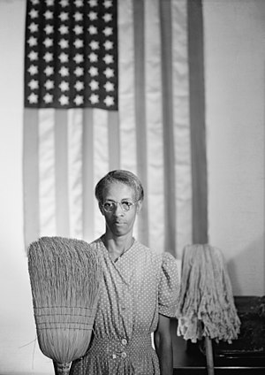 Gordon Parks' American Gothic. Portrait of government cleaning woman Ella Watson.