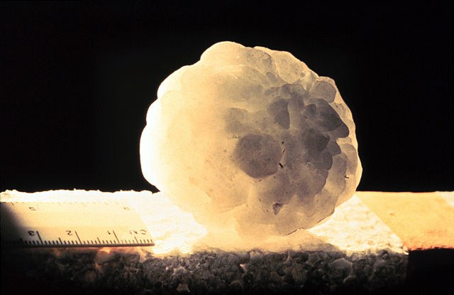 Aggregate hailstone. Large hailstone with smaller stones visible.