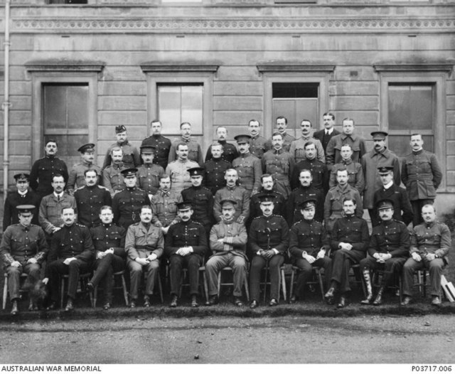 Group portrait of officers at the British Staff College at Camberley, England, 1906. John Du Cane, then a colonel, is sat in the front row, fifth from