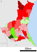 Growth rate map of municipalities of Ibaraki prefecture, Japan