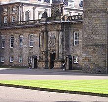 Sentry duties are taken up in Holyrood Palace when the monarch is in Scotland. Guards at Holyroodhouse.jpg