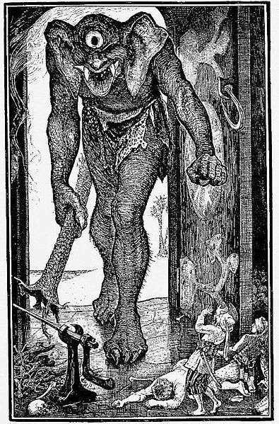 Sinbad the sailors third voyage. Encounter with a man-eating giant.