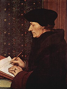 Desiderius Erasmus by Holbein; Renaissance humanist and influential critic of religious orders. Louvre, Paris. Hans Holbein d. J. - Erasmus - Louvre.jpg