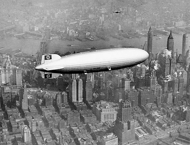 The Hindenburg over Manhattan, New York on May 6, 1937, shortly before the disaster