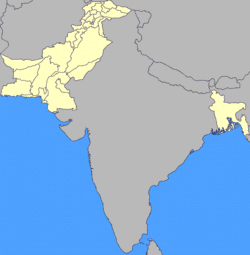 The map shows Pakistan and East Pakistan; between them was 1,600 km (1,000 mi) of Indian territory. Historical Pakistan.gif